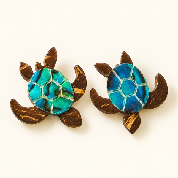 Blue Sea Turtle Stud Earrings, studio pair on an ivory background