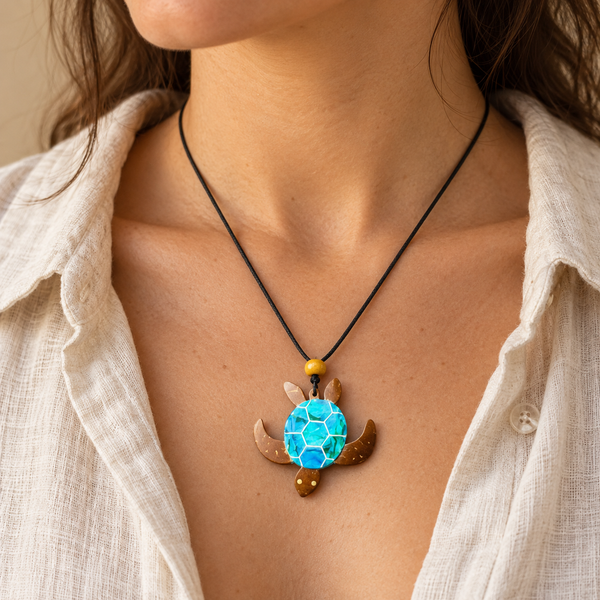 Blue Sea Turtle Coconut Shell Pendant Necklace, worn by an adult woman