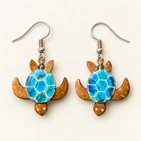 Blue Sea Turtle Coconut Shell Dangle Earrings, matching pair with hook fittings on ivory background