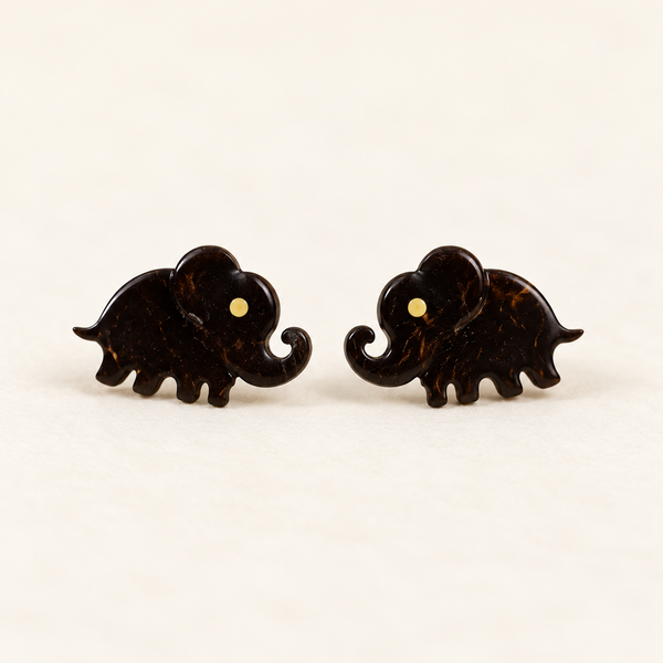 Brown Elephant Silhouette Stud Earrings, pair on a clean ivory studio background