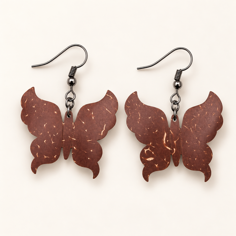 Butterfly Coconut Shell Dangle Earrings, studio pair on an ivory background