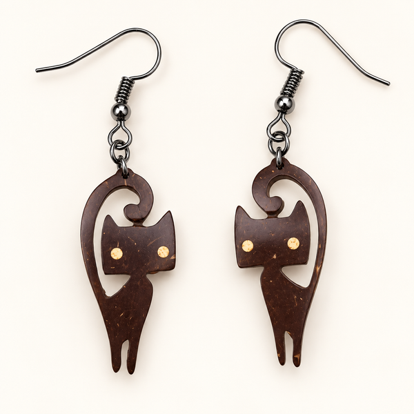 Curled-Tail Cat Coconut Shell Dangle Earrings, studio pair on an ivory background