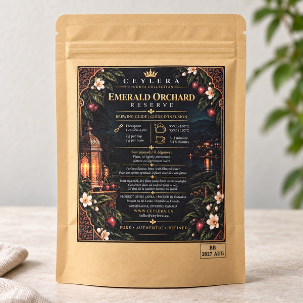 CEYLERA Emerald Orchard Reserve 30 g tea pouch, back label and brewing guide
