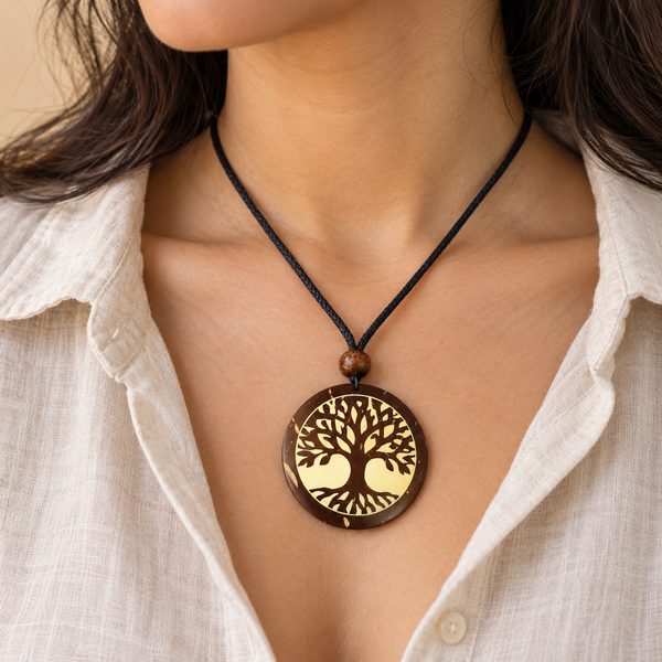 Golden Tree of Life Round Pendant Necklace, worn by an adult woman