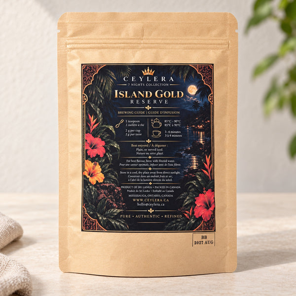 CEYLERA Island Gold Reserve 30 g tea pouch, back label and brewing guide