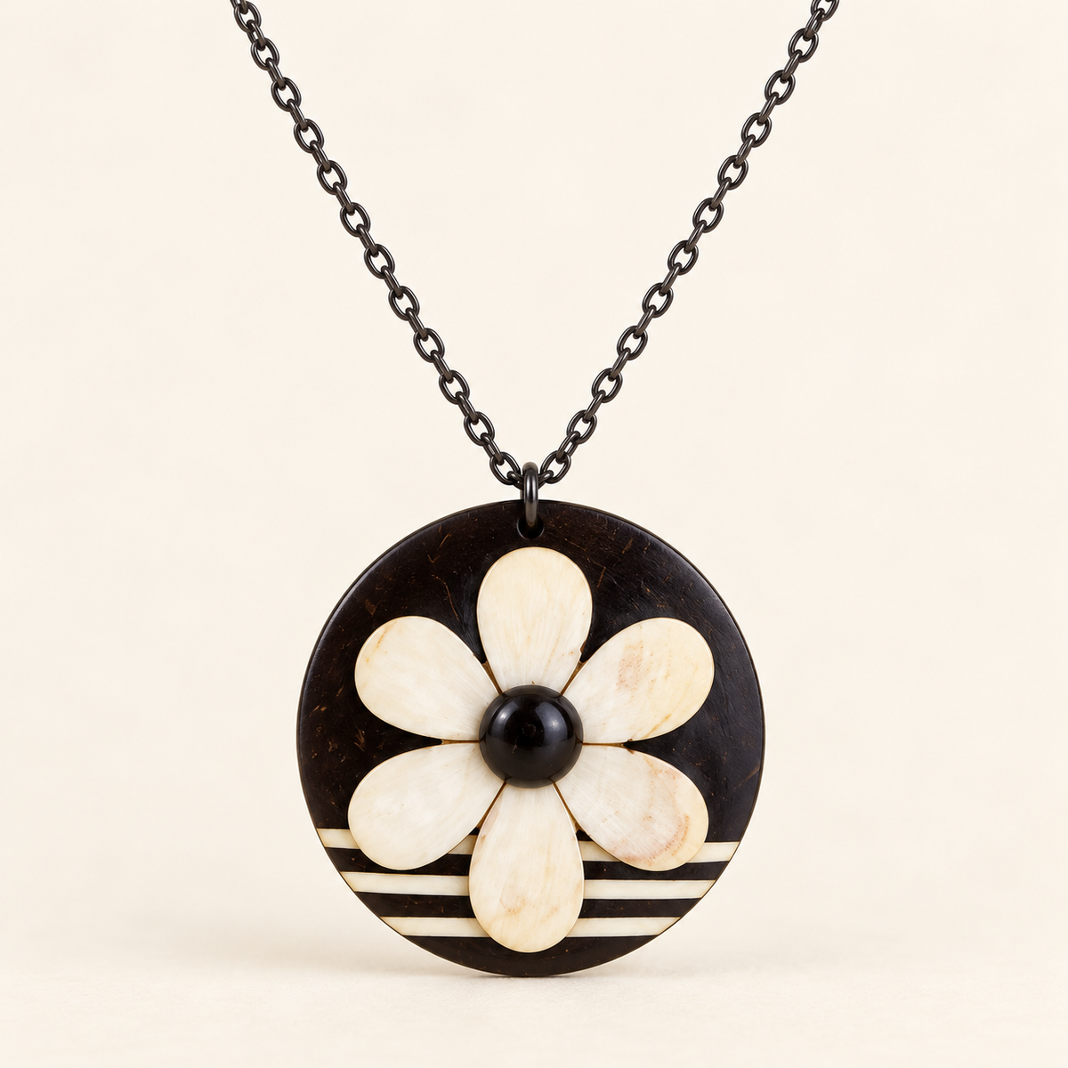 Ivory Flower Coconut Shell Pendant Necklace, studio product view