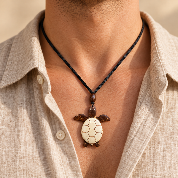 Man wearing the ivory and brown coconut shell turtle pendant necklace on a black cord