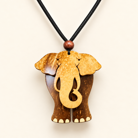 Layered Elephant Coconut Shell Pendant Necklace, studio view showing pendant, bead and black cord on ivory background