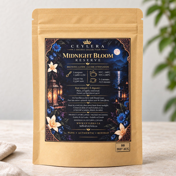 CEYLERA Midnight Bloom Reserve 30 g tea pouch, back label and brewing guide