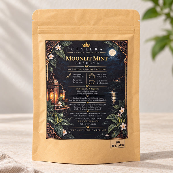 CEYLERA Moonlit Mint Reserve 30 g tea pouch, back label and brewing guide