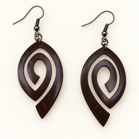 Open Swirl Coconut Shell Dangle Earrings, studio pair with hook fittings on ivory background