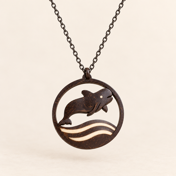 Pilot Whale and Waves Coconut Shell Pendant Necklace, studio product view