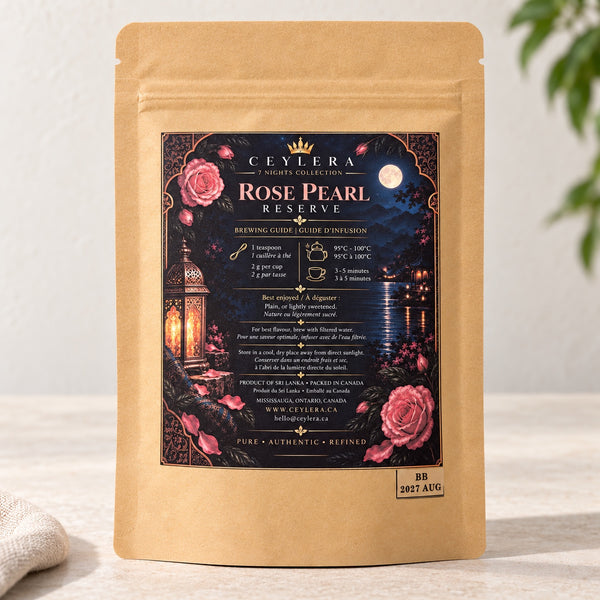 CEYLERA Rose Pearl Reserve 30 g tea pouch, back label and brewing guide