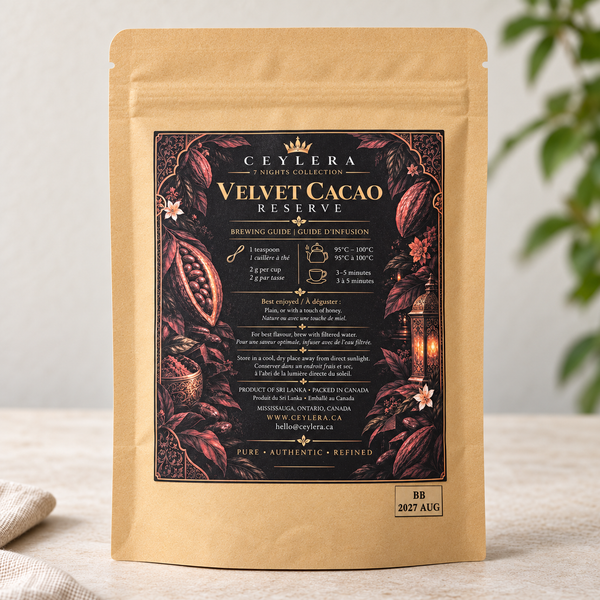 CEYLERA Velvet Cacao Reserve 30 g tea pouch, back label and brewing guide