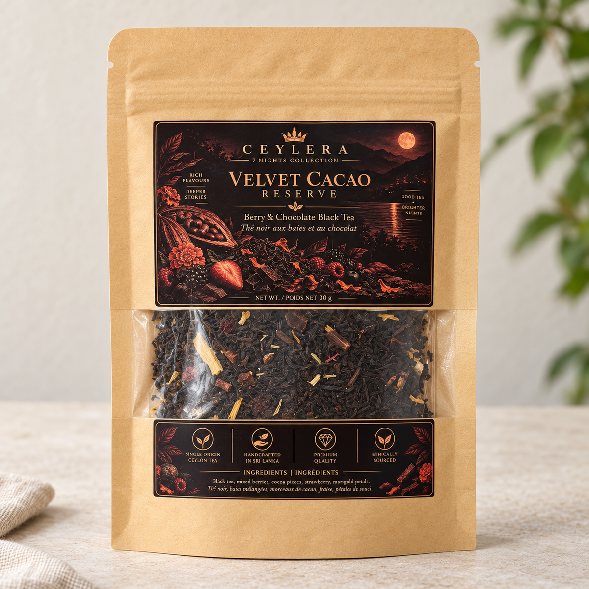 CEYLERA Velvet Cacao Reserve 30 g tea pouch, front view