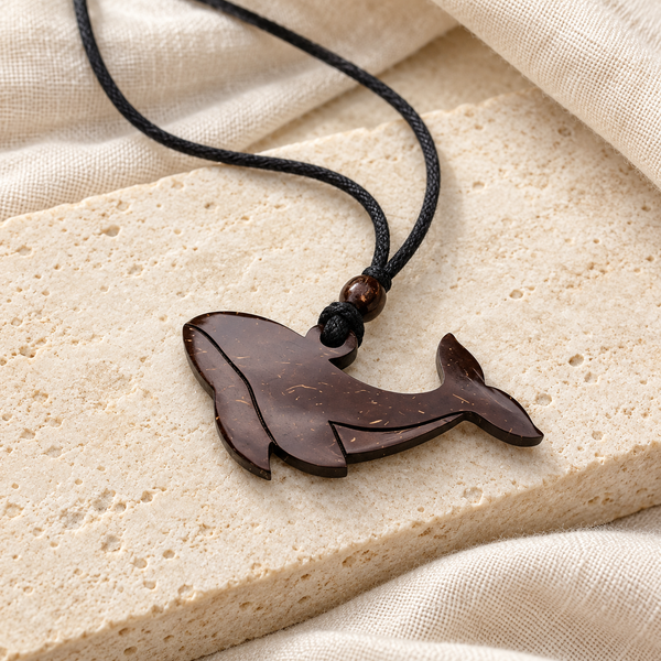 Whale coconut shell pendant necklace, on natural stone and linen