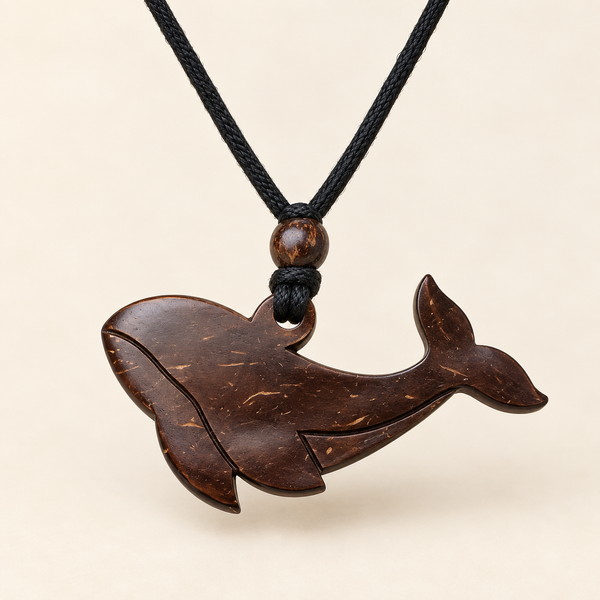 Whale coconut shell pendant necklace, front view on an ivory background