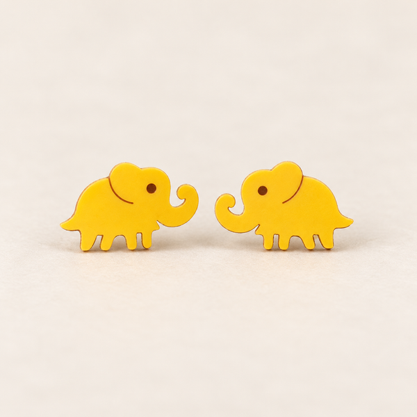 Yellow Elephant Silhouette Stud Earrings, studio pair on ivory background